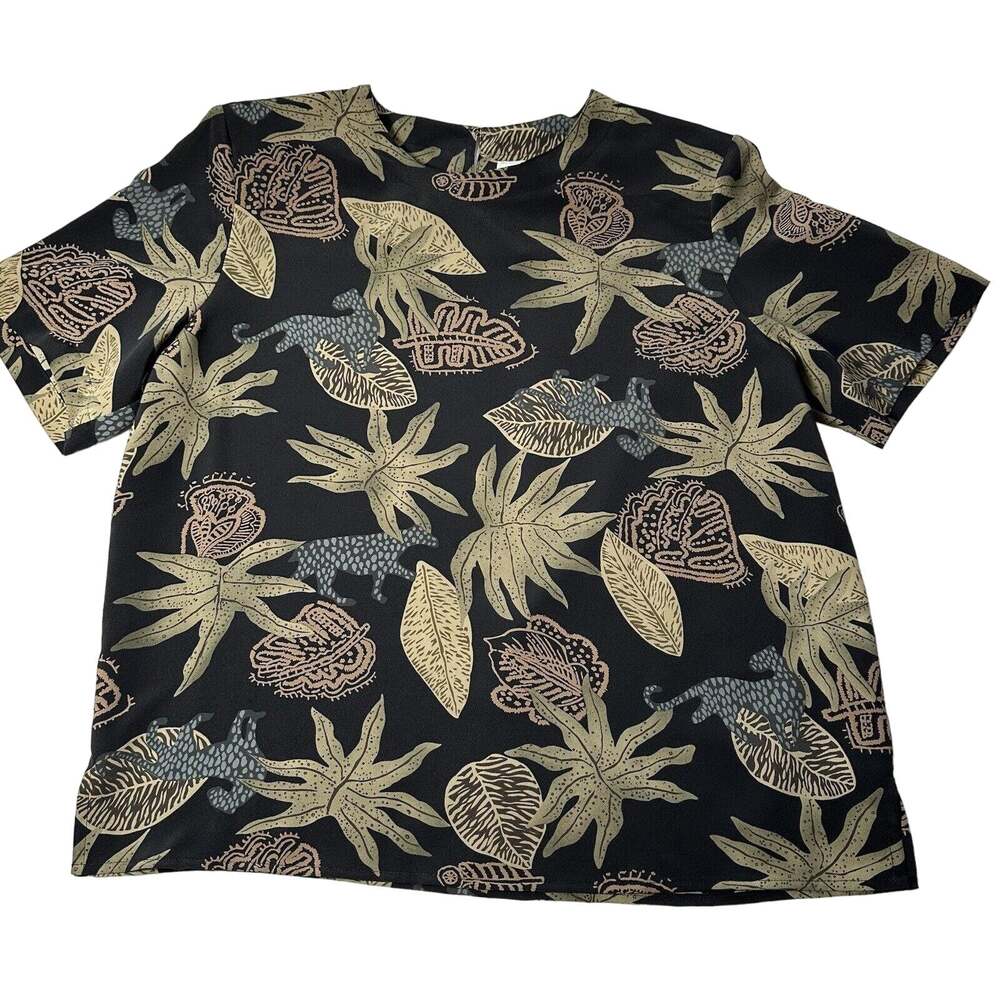 Vintage Cathy Che Women’s Jungle Multicolor Top Short Sleeve Back Buttons Leaf L